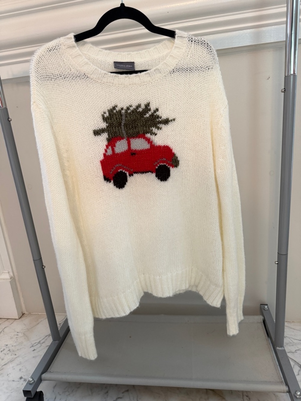 Wooden Ships Cream Crewneck Sweater with Red Car Motif